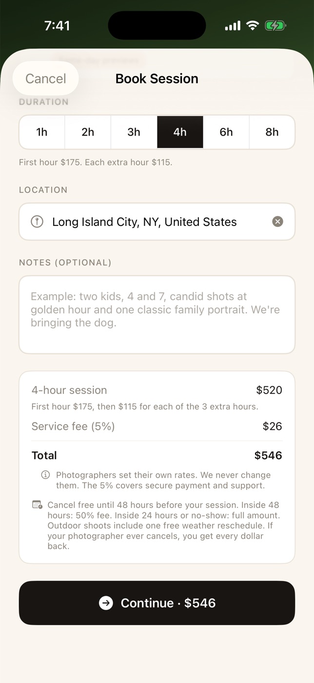 The booking screen with the price summary