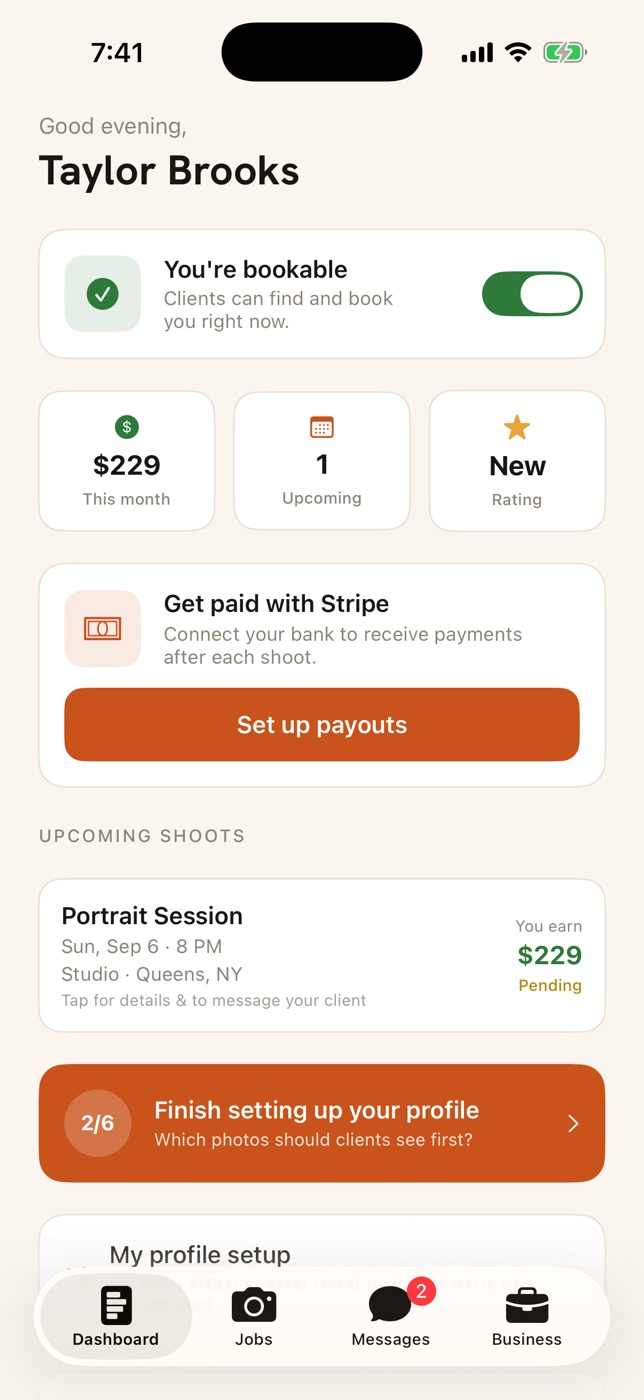 The photographer dashboard: bookable switch, earnings this month, upcoming shoots and Stripe payouts
