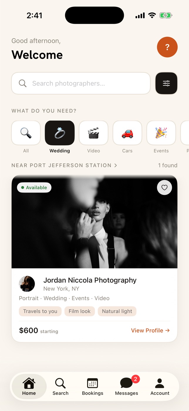 Choosing a category on the SnapHire home screen