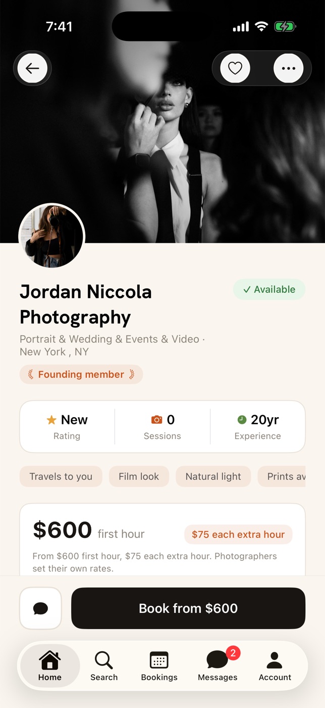 A SnapHire photographer profile with the portfolio, the first-hour rate and the Book button