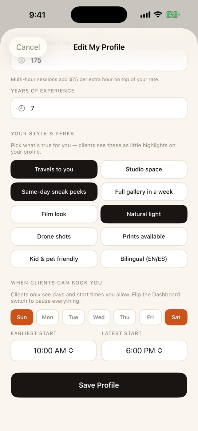 Choosing the days and hours clients can book